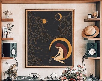 Moon Goddess Art Print: Witchy Celestial Wall Decor