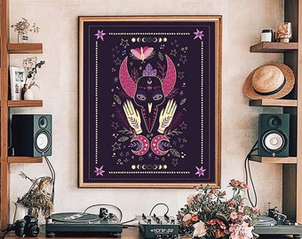 Witchy Skull Art Print: Gothic Celestial Home Decor