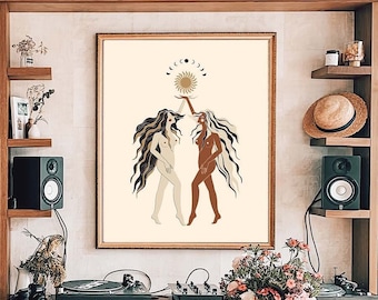 Lámina artística de Sol y Luna Celestiales: Decoración Boho de Brujería