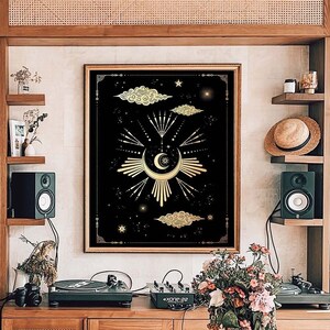 Decoración de bruja, decoración de dormitorio de bruja, impresión de sol y luna, regalo de decoración del hogar de bruja, brujería, cartel de luna, decoración de pared de bruja, tapices de pared