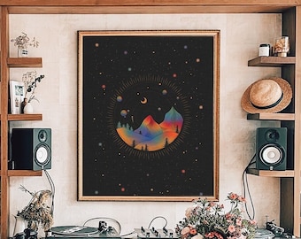Psychedelic Celestial Art Print: 70s Retro Sun & Moon Decor