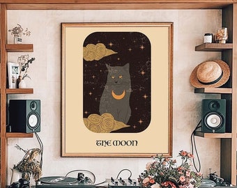 Witchy Cat Moon Print: Celestial Stars Poster