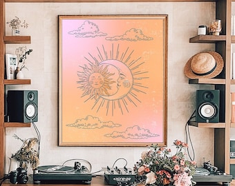 70s Celestial Sun and Moon Art Print: Retro Witchy Decor