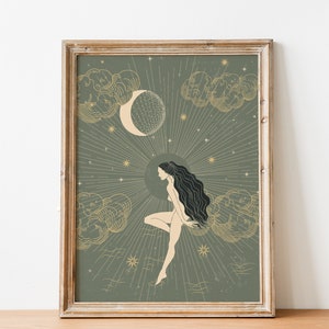 May include: A framed print with a green background and gold accents. The print features a woman with long black hair sitting on a cloud with a crescent moon and stars in the background.