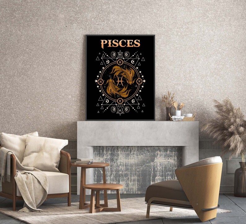 Puede incluir: Un p&oacute;ster en blanco y negro con la palabra "Pisces" en letras doradas. El p&oacute;ster presenta una imagen estilizada de dos peces en un c&iacute;rculo con formas geom&eacute;tricas y s&iacute;mbolos.