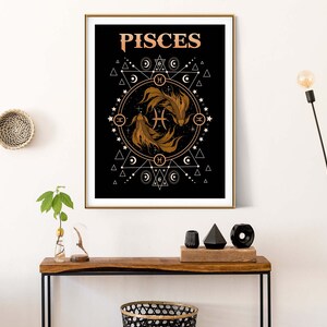 Puede incluir: Un p&oacute;ster negro y dorado con la palabra "Piscis" en una fuente estilizada. El p&oacute;ster presenta un dise&ntilde;o geom&eacute;trico con dos peces dorados nadando en un c&iacute;rculo.