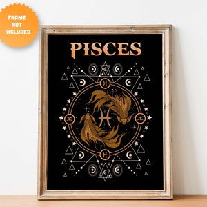 Puede incluir: Una impresi&oacute;n de arte imprimible en negro y dorado con la palabra "Piscis" en negrita. La impresi&oacute;n presenta una ilustraci&oacute;n estilizada de dos peces nadando en un c&iacute;rculo rodeado de formas geom&eacute;tricas y estrellas.