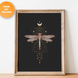 May include: A digital art print featuring a geometric design with a dragonfly in the center. The dragonfly is pink and gold, and the geometric design is gold on a black background.