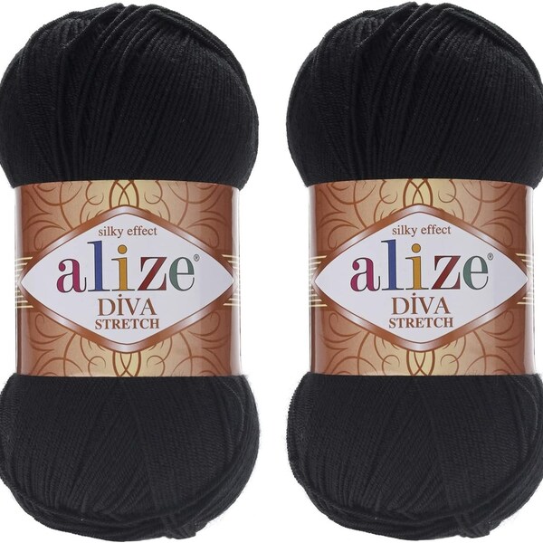 2 Skein of Alize Diva Stretch Black 60 Yarn, Swimsuit Elastic Summer Yarn, Swimwear Yarn for Crocheting, Hand Knitting Yarn, Made in Turkey