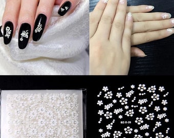4x Sheets White Flowers with Diamante Effect Decals 3D Nail Art Stickers Decorations Self Adhesive Craft