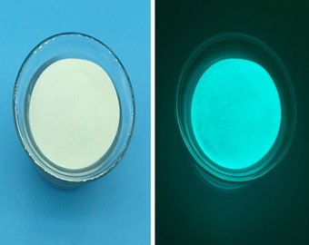 May include: Two images side-by-side. The left shows a clear glass bowl filled with a light-coloured powder. The right shows the same bowl, now glowing a bright teal colour. The bowl is set against a blue and black background.