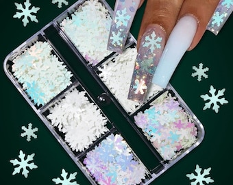 6Pcs/Box - Mixed White Snowflake Nail Glitter Sequins 3D Holographic Snow Flakes Slice Nail Art Decoration