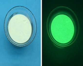 May include: Two images side-by-side. The left image shows a clear glass bowl filled with a light-coloured powder against a blue background. The right image shows the same bowl, now glowing bright green against a dark green background.