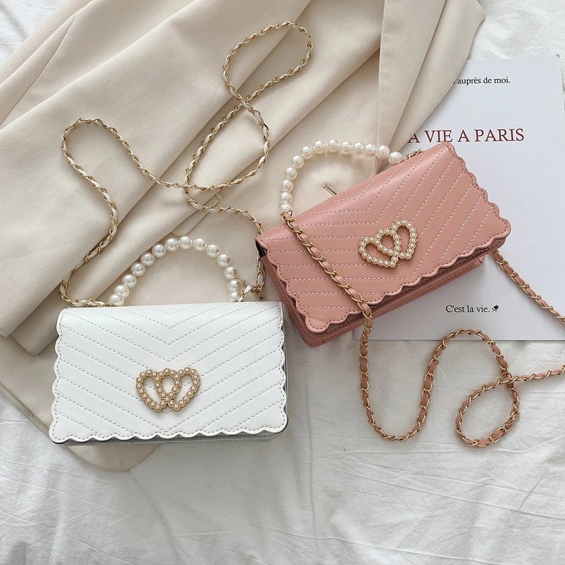 New Fashion Pearl Handle Messenger Bag Women PU Leather Elegant Love Heart Small Square Shoulder Crossbody Handbag For Women