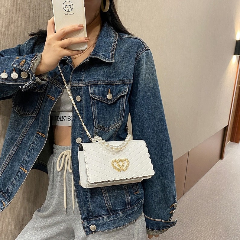 New Fashion Pearl Handle Messenger Bag Women PU Leather Elegant Love Heart Small Square Shoulder Crossbody Handbag For Women