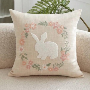 Floral bunny cushion cover without filler, Easter bunny, flower wreath, Easter decoration, gift, sofa cushion, pastel colours