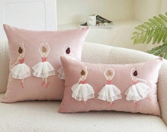 Ballerina Pink cushion cover without filler, embroidered Ballet pillow, bedroom cushion, sofa cushion, girly, white