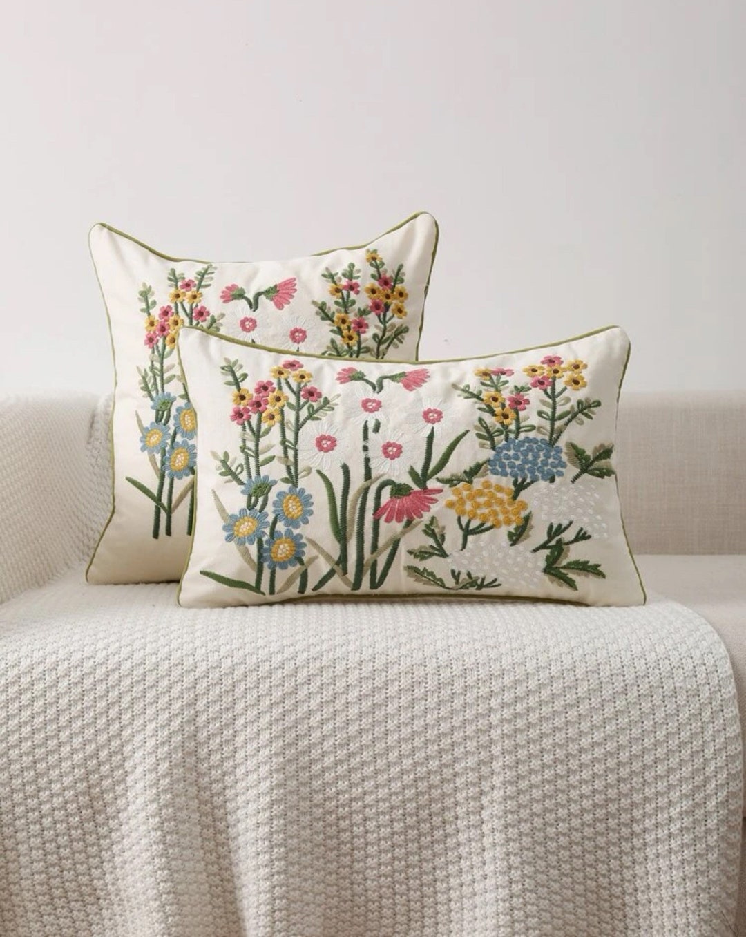 Floral Embroidery Cushion Cover, Flower Pattern Pillow Case, Daisy Sofa