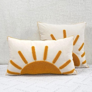 Sun embroidered cushion cover, boho pillow case, sunrise, mustard yellow rectangle square
