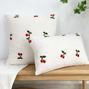 Cherry Borg embroidered cushion cover without filler, red cherry’s, Borg pillow, cream, textured cushion cover, decorative throw, pillowcase