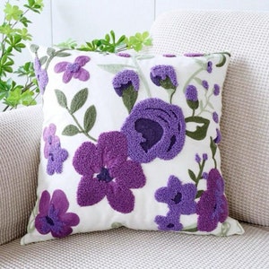Purple flower embroidered cushion cover without filler, floral pillowcase, spring decor, summer home, decor, throw cushion, tufted cushion