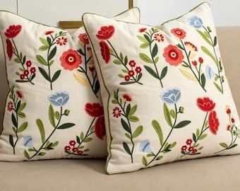 Floral colourful embroidery cushion cover without filler, red, blue, green, home decor, boho home, plants, flowers, poppy, daisy