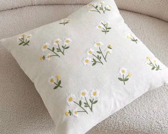 Daisy flower embroidery cushion cover without filler, yellow, white, floral, flower cushion, throw cushion, plant, home decor