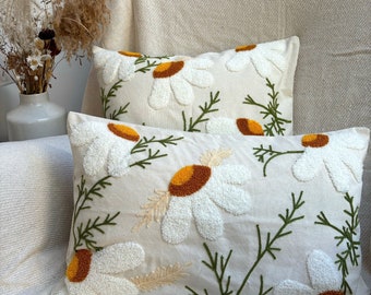 Flower embroidery cushion cover without filler, Daisy pillow case, white flower pillow case, spring decor, home decor, plant, floral tufted