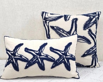 Starfish blue embroidery cushion cover without filler, blue beach cushion cover, under the sea, beach home decor, home decor, throw pillow