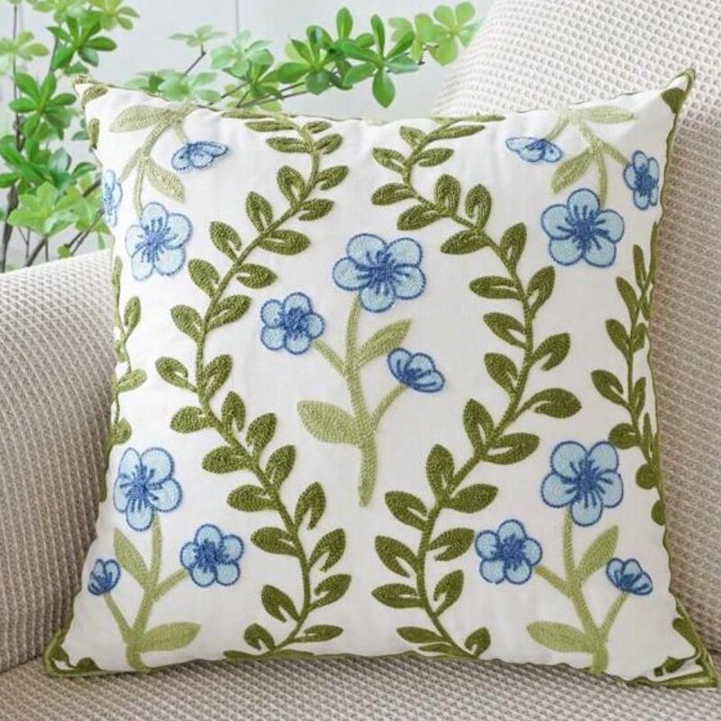 100% Cotton Embroidery Plant Leaves Flower Sofa Farm House Cushion Cover main image 1