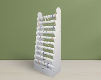 10 Tier Bracelet Display Stand, White Wood With Drawer, 43 Inch Tall Jewelry Rack for Vendors & Boutiques, Free Shipping