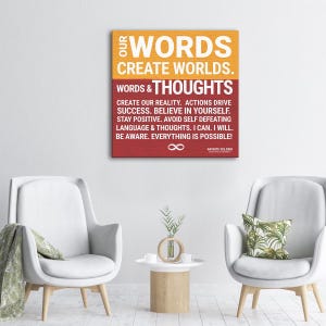 Words Create Worlds&#39; Motivational Canvas Print - Red & Orange Poster