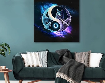 Infinite Wolves Poster – Celestial Wolf and Moon Mounted Canvas | Yin Yang Spirit Animal Wall Art | Mystical Night Sky Decor | Free Shipping