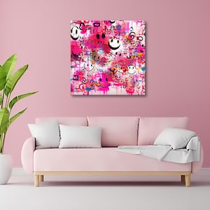 Neon Smiles - Lebhaftes Pink Graffiti Smiley Gesicht montiert Leinwand | Abstraktes Pop Art Wandbild | Bunte Urban Street Art | Kostenloser Versand