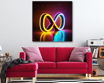 Neon Infinity’s Reflection – Futuristic Neon Infinity Symbol Canvas | Cosmic Duality Wall Art | Abstract Cyberpunk Decor | Free Shipping