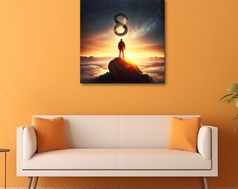 The Infinite Ascent, Surreal Infinity Symbol Poster | Motivational Cosmic & Sci-Fi Wall Art | Sunrise Mountain Landscape | Free Shipping