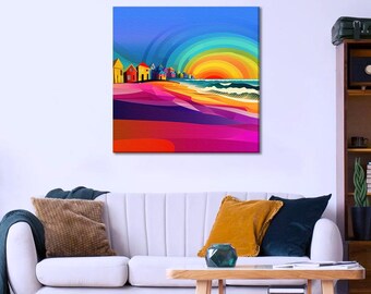 Colorful Beach Sunset Canvas | Vibrant Coastal Wall Art | Rainbow Ocean Waves Colorful Poster Print ∞ Free Shipping