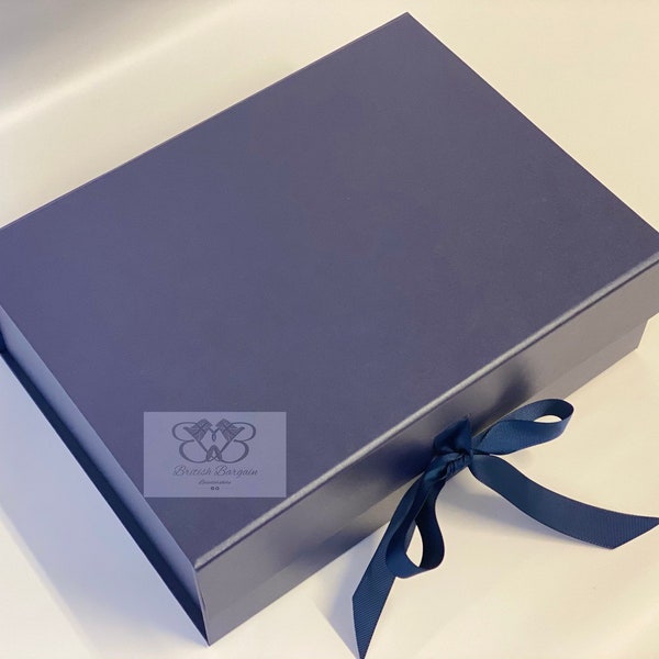 Large Navy Gift Box with Ribbon - Luxury Navy Gift Box - Groomsman Proposal Box - Magnetic Gift Box - Hamper Box - blank/unpersonalised