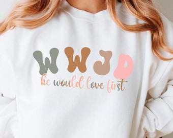 Trendy Christian Sweatshirt, Women WWJD Retro Shirt, Cute Religious Tee, Faith Gift Teen Girl, Oversized Crewneck Pullover, Jesus Apparel
