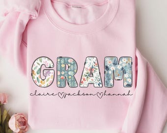 Personalized Floral Gram Sweatshirt with Grandkid Names, Custom Gram Shirt for Birthday, Grandma Mothers Day Gift, Gram Christmas Gift