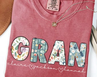 Personalized Floral Gran Shirt Comfort Colors, Custom Gran T-Shirt Grandkid Names, Grandma Mothers Day Christmas Birthday Gift