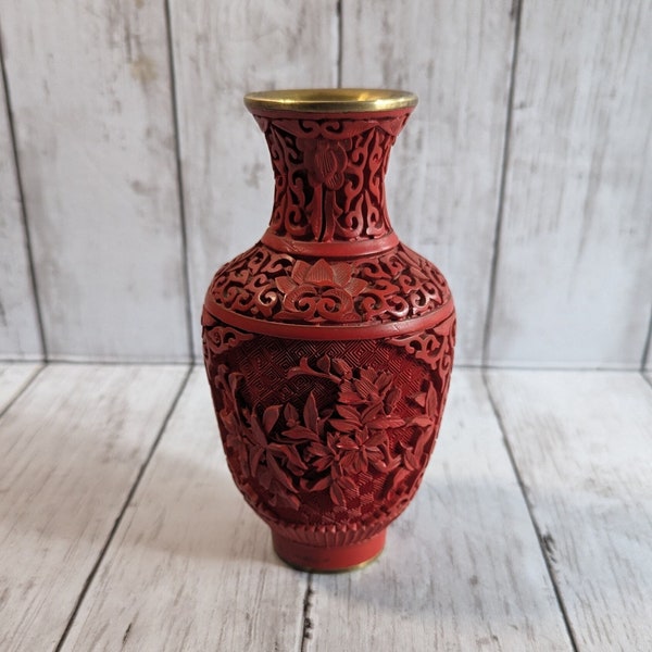 Vintage Chinese Lacquer Cinnabar and Brass Vase 6.5"