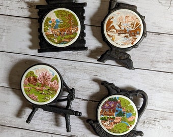 Vintage Set of 4 Cast Iron and Ceramic Trivets Seasons