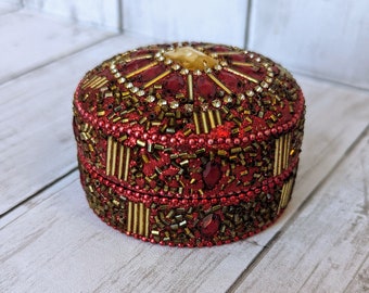 Vintage Round Domed Red Beaded Pild Box