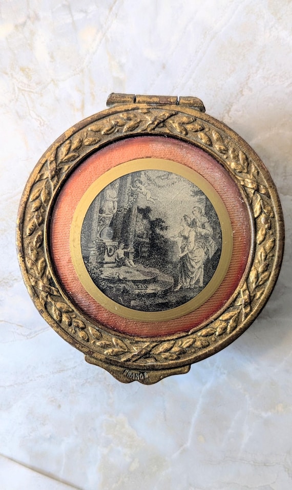 Antique French Guilloché & Ormolu Miniature Box with Print