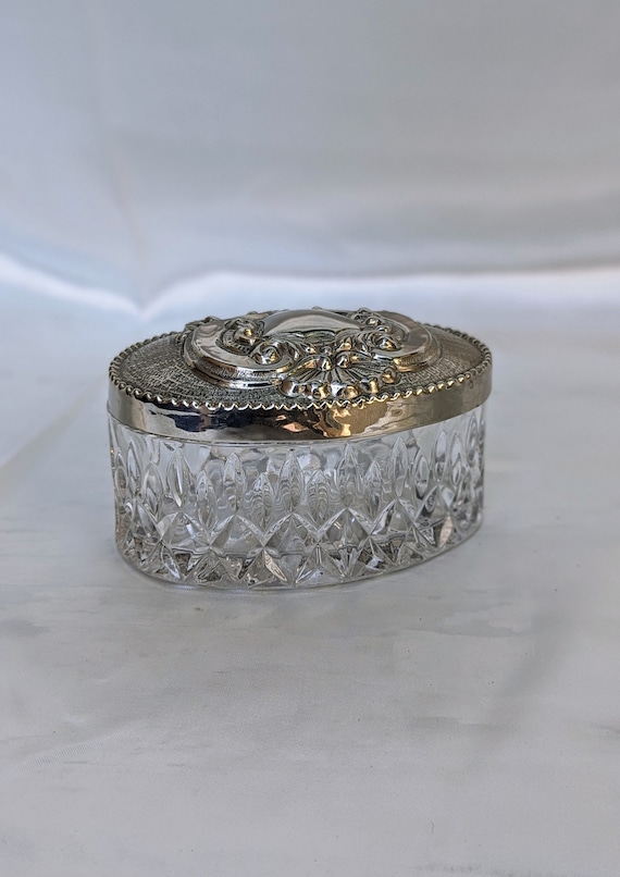 Vintage Crystal Vanity Trinket Box with Silverpla… - image 1