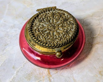 Antique Cranberry Glass Mini Casket with Ornate Ormolu Lid