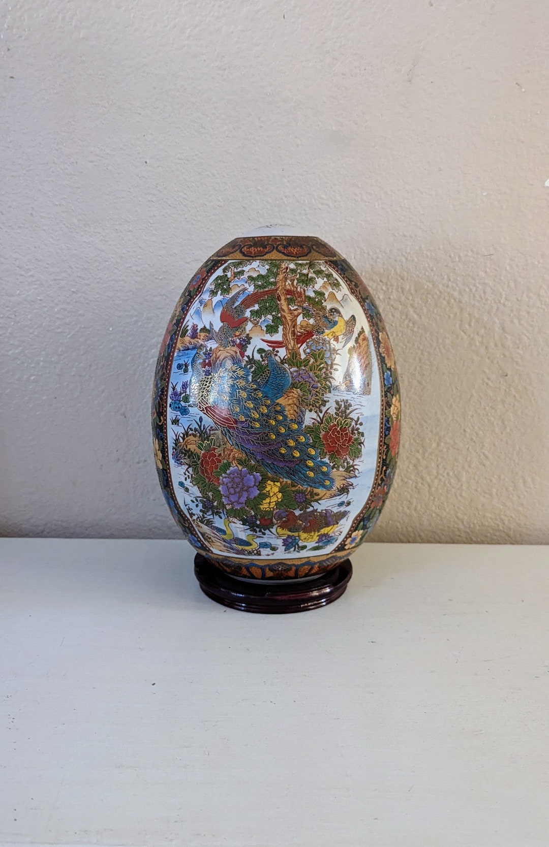 Vintage Porcelain Satsumastyle Hand Painted Peacock Egg Gold Gilding