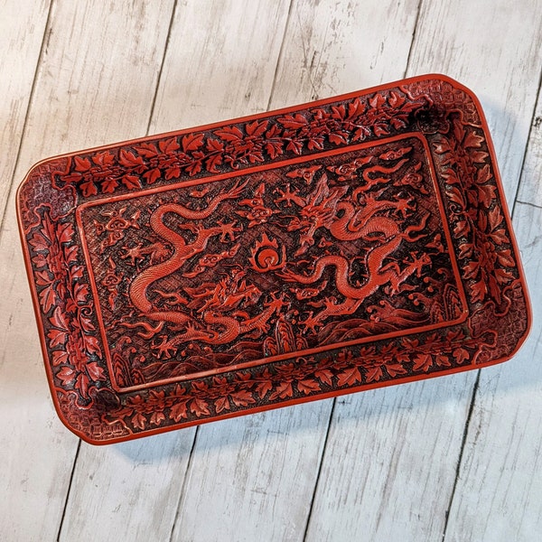 Chinese Carved Cinnabar Rectangular Decorative Dragon Tray