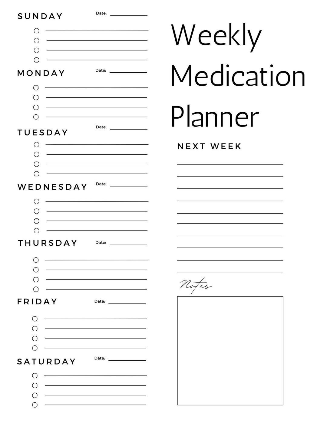 Printable Weekly Medication Chart Easy to Use Basic Etsy